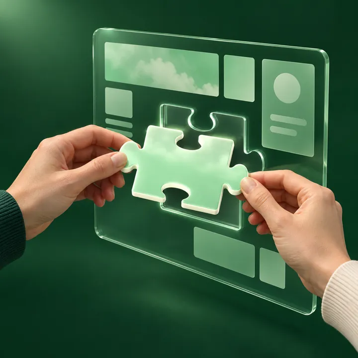 Hands fit the puzzle piece into the matching gap in a glass website layout