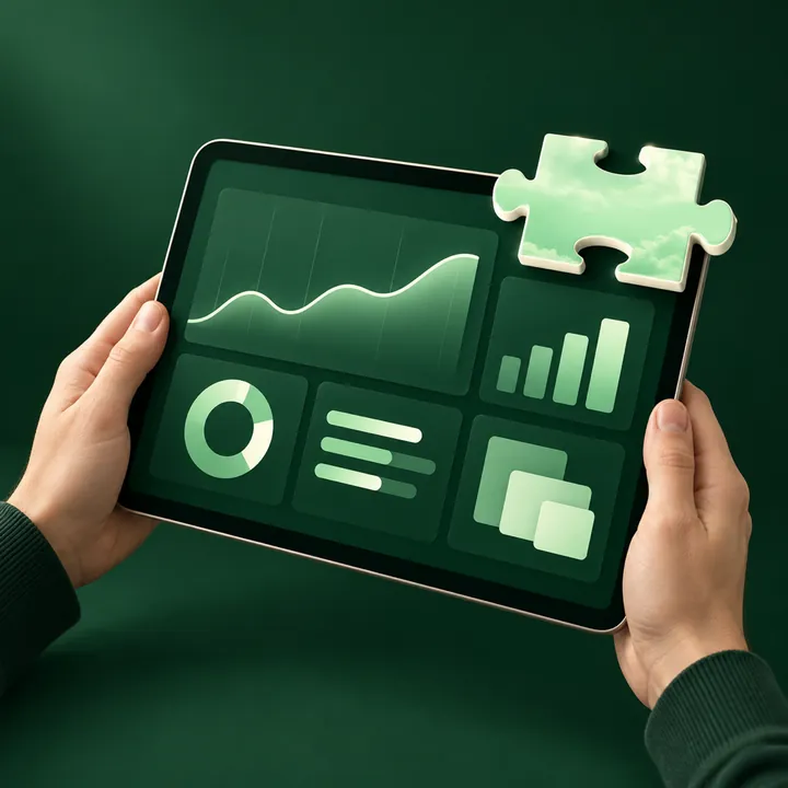 Hands hold a tablet showing a live dashboard, the puzzle piece docked in its corner