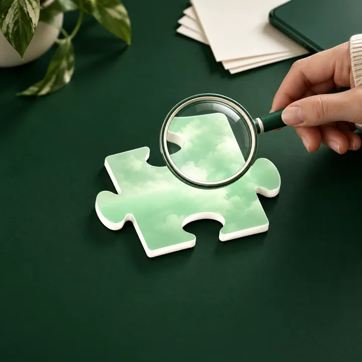 A hand studies the Runwell puzzle piece through a magnifying glass, beside loose notes