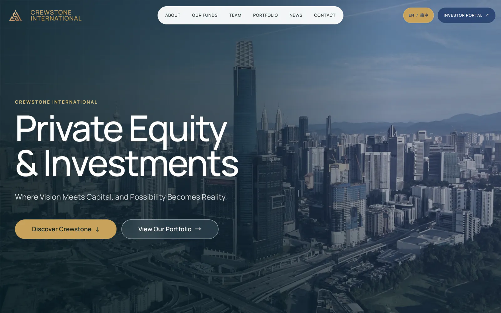 Crewstone homepage: Kuala Lumpur skyline under “Private Equity & Investments”