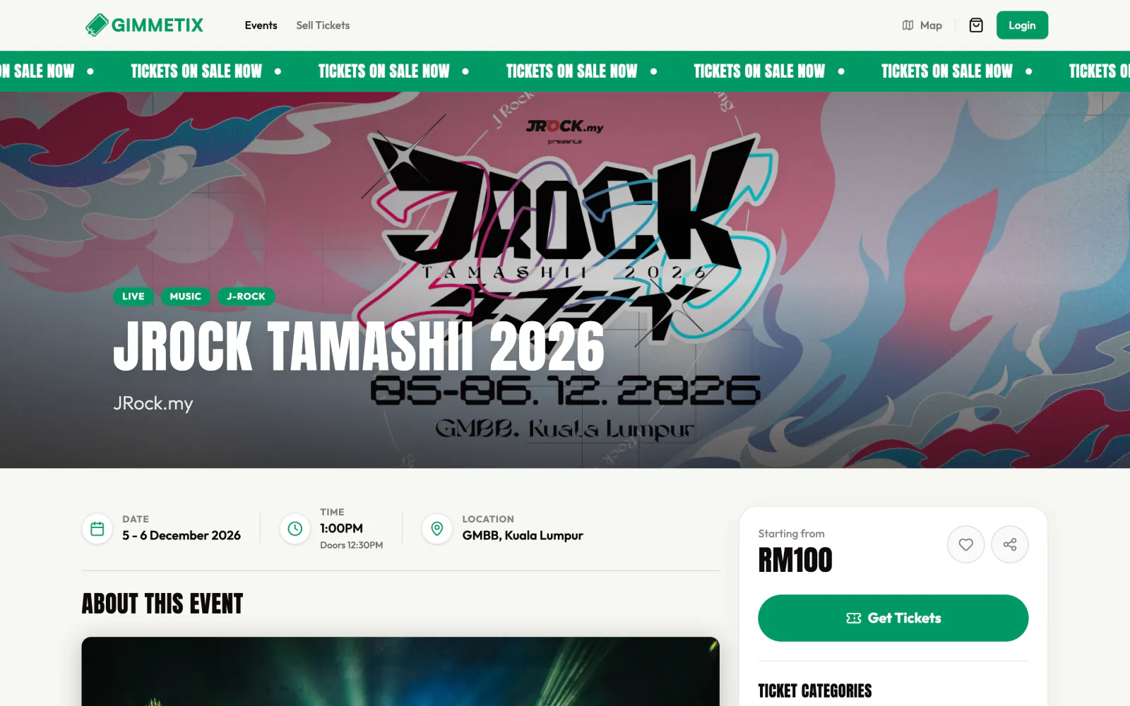 JRock Tamashii 2026 event page with a tickets-on-sale ticker, date, venue and starting price