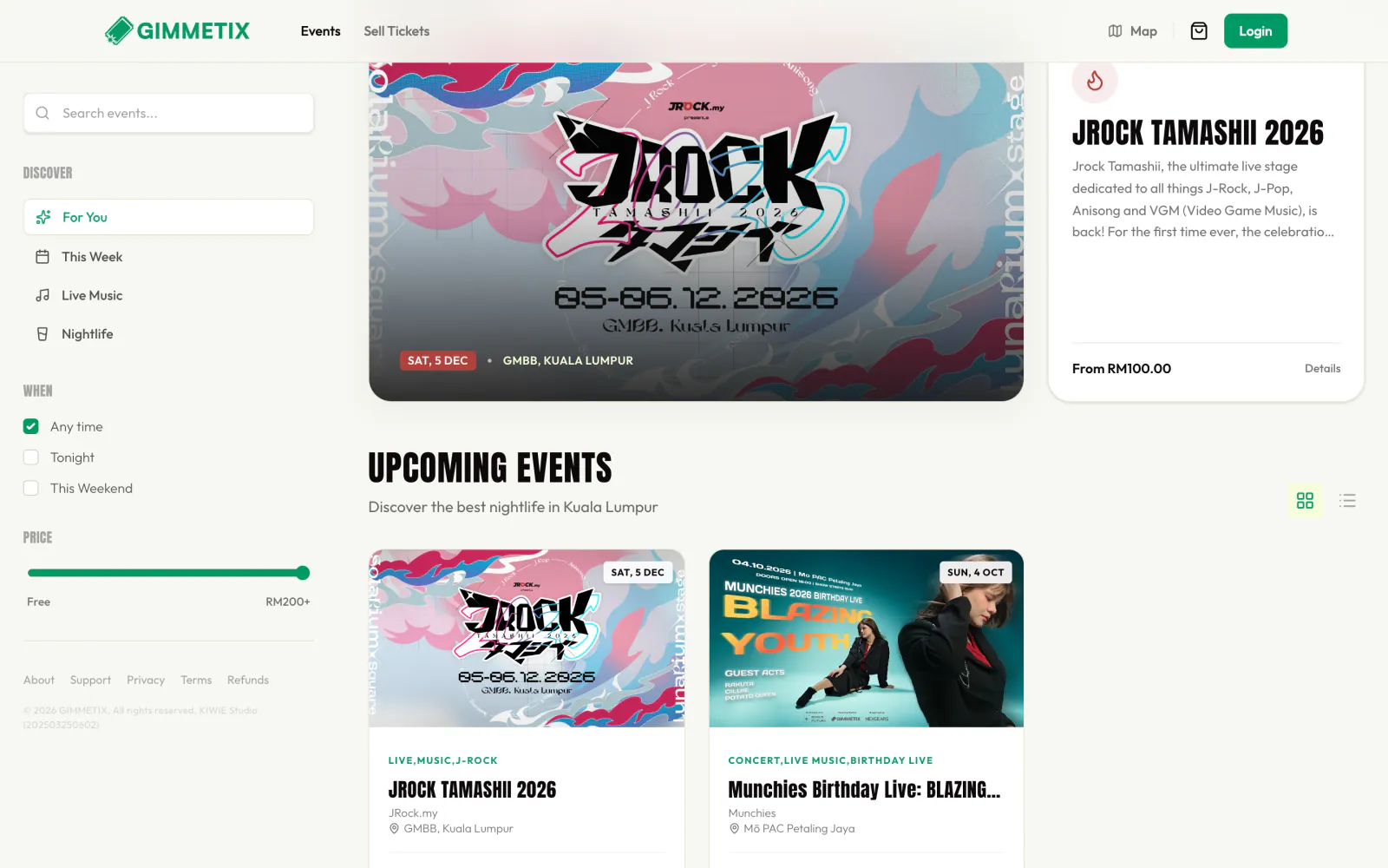 Upcoming events grid with filters for mood, date and price