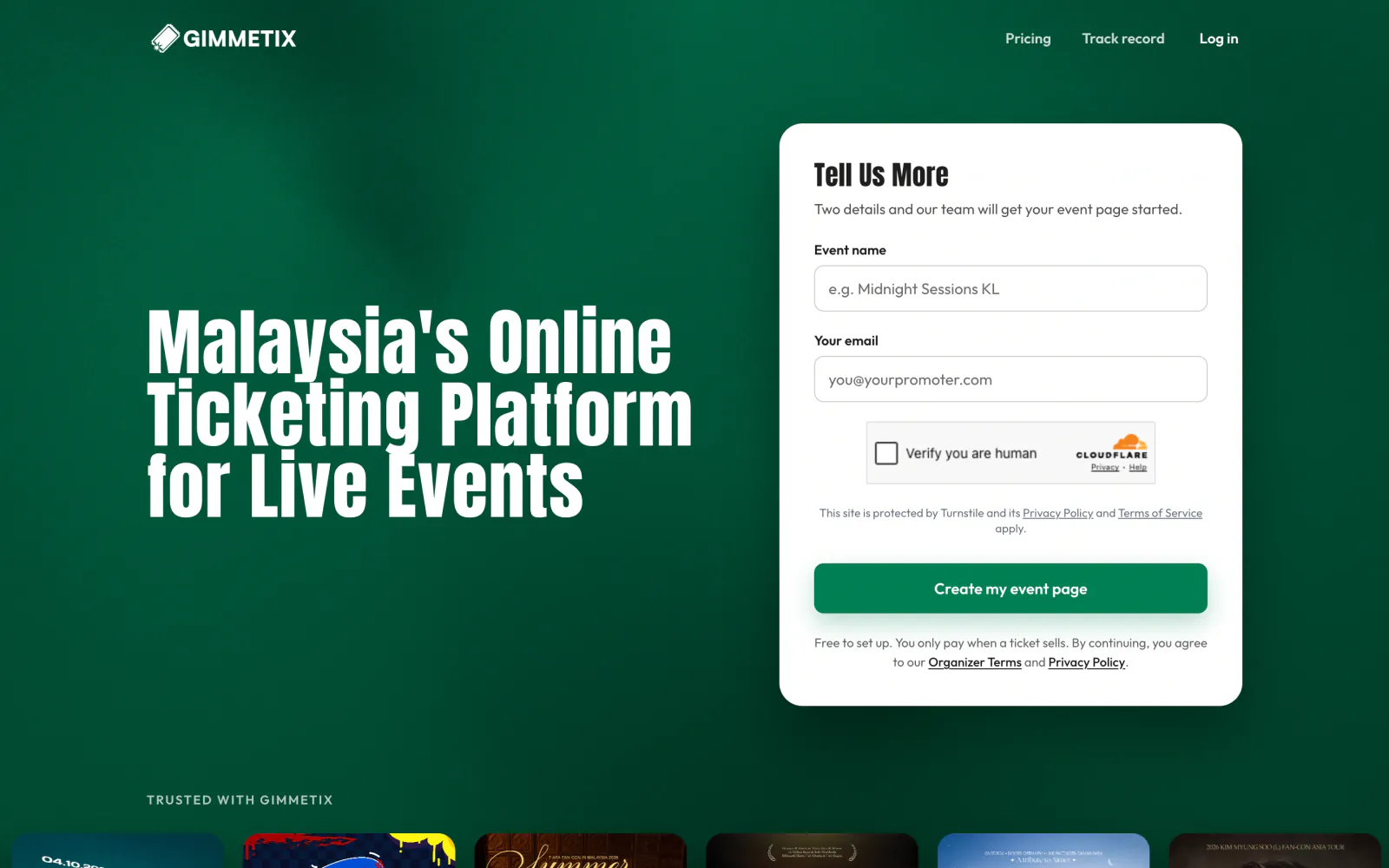Organiser sign-up asking for an event name and an email