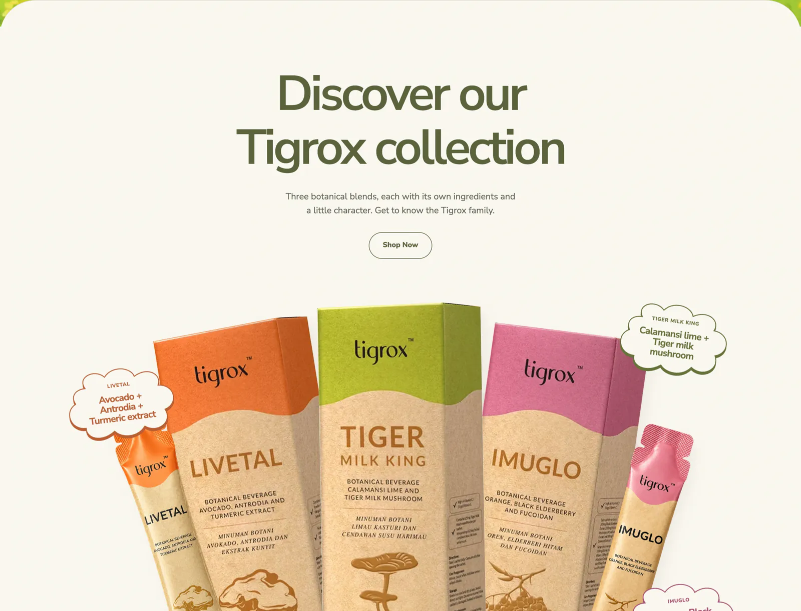 Tigrox collection showcase with three botanical drink packs