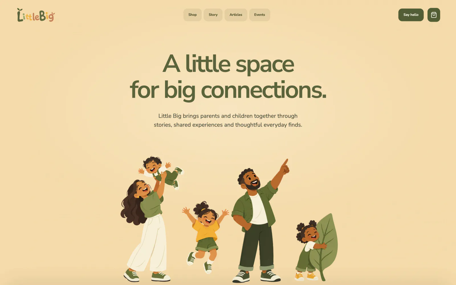 About page illustration of a family under “A little space for big connections”