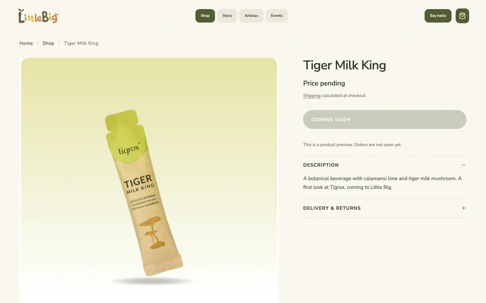 Product page for Tiger Milk King with a coming-soon purchase button