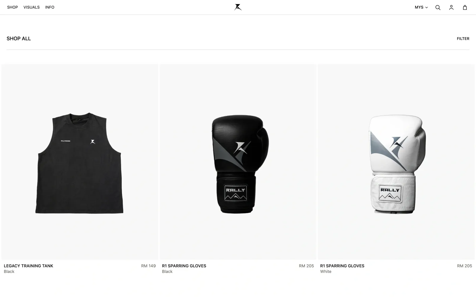 Shop page with the Legacy training tank and black and white sparring gloves