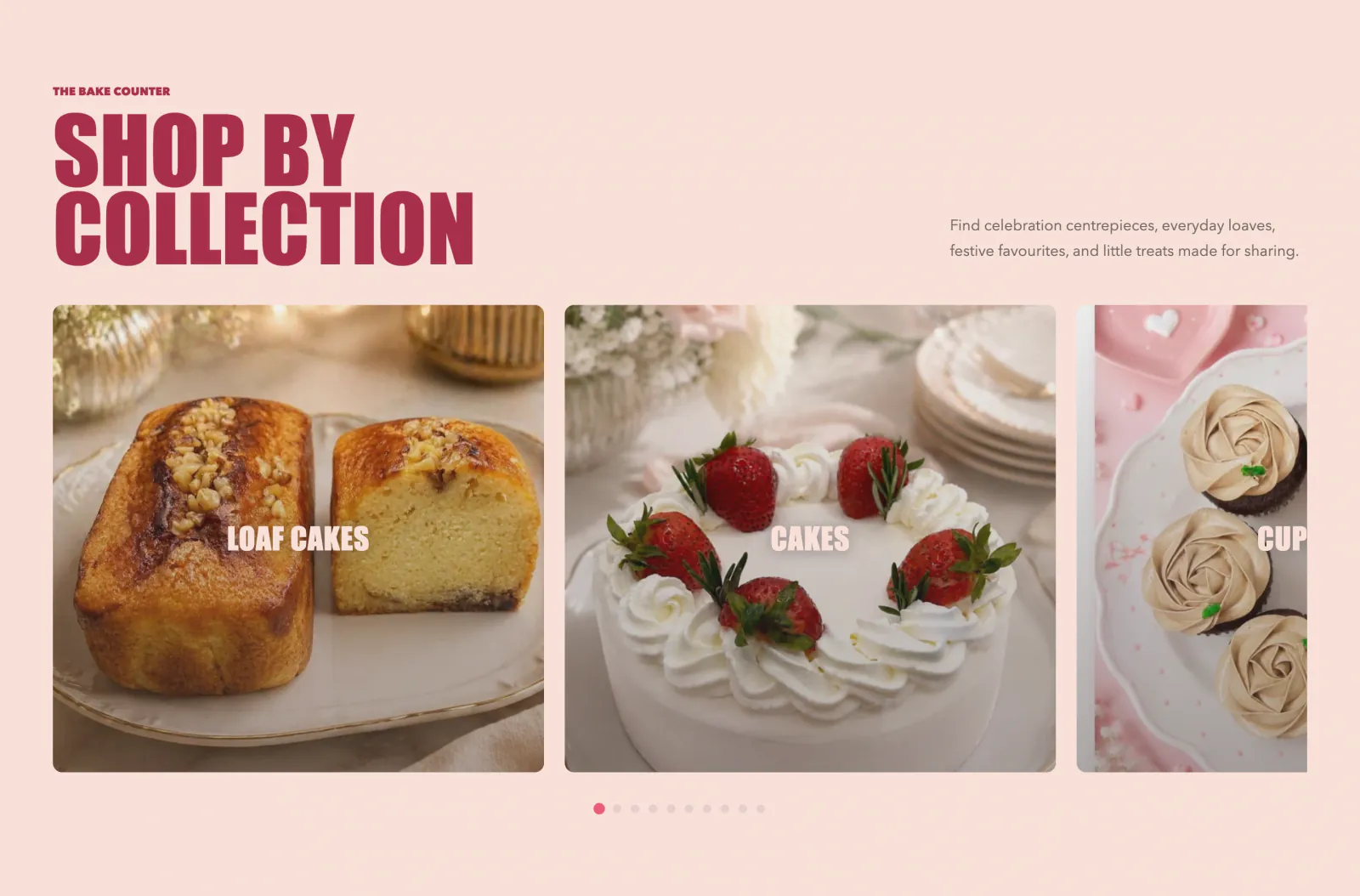 Shop by collection carousel with loaf cakes, cream cakes and cupcakes