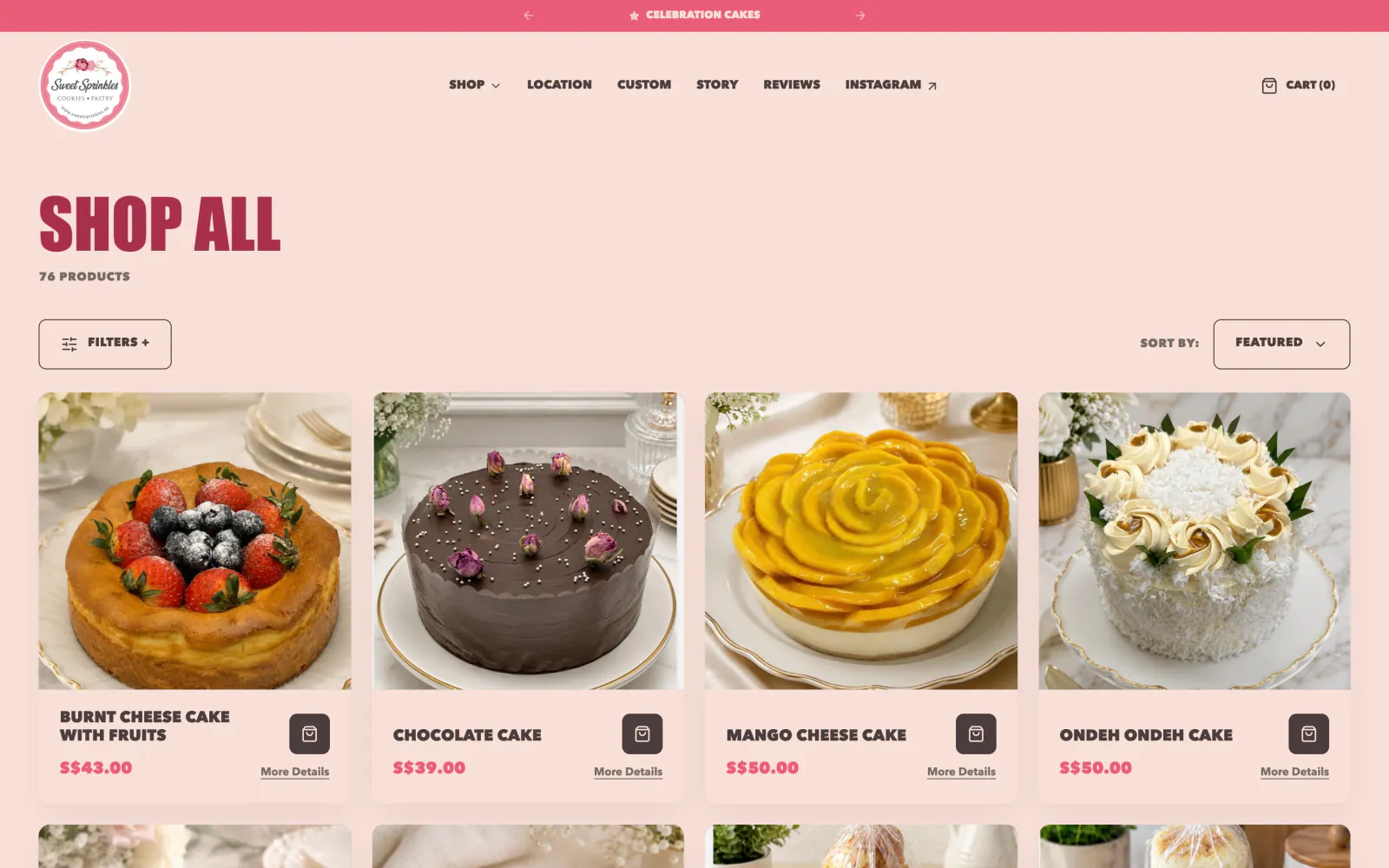Shop all page listing cakes with prices and filters